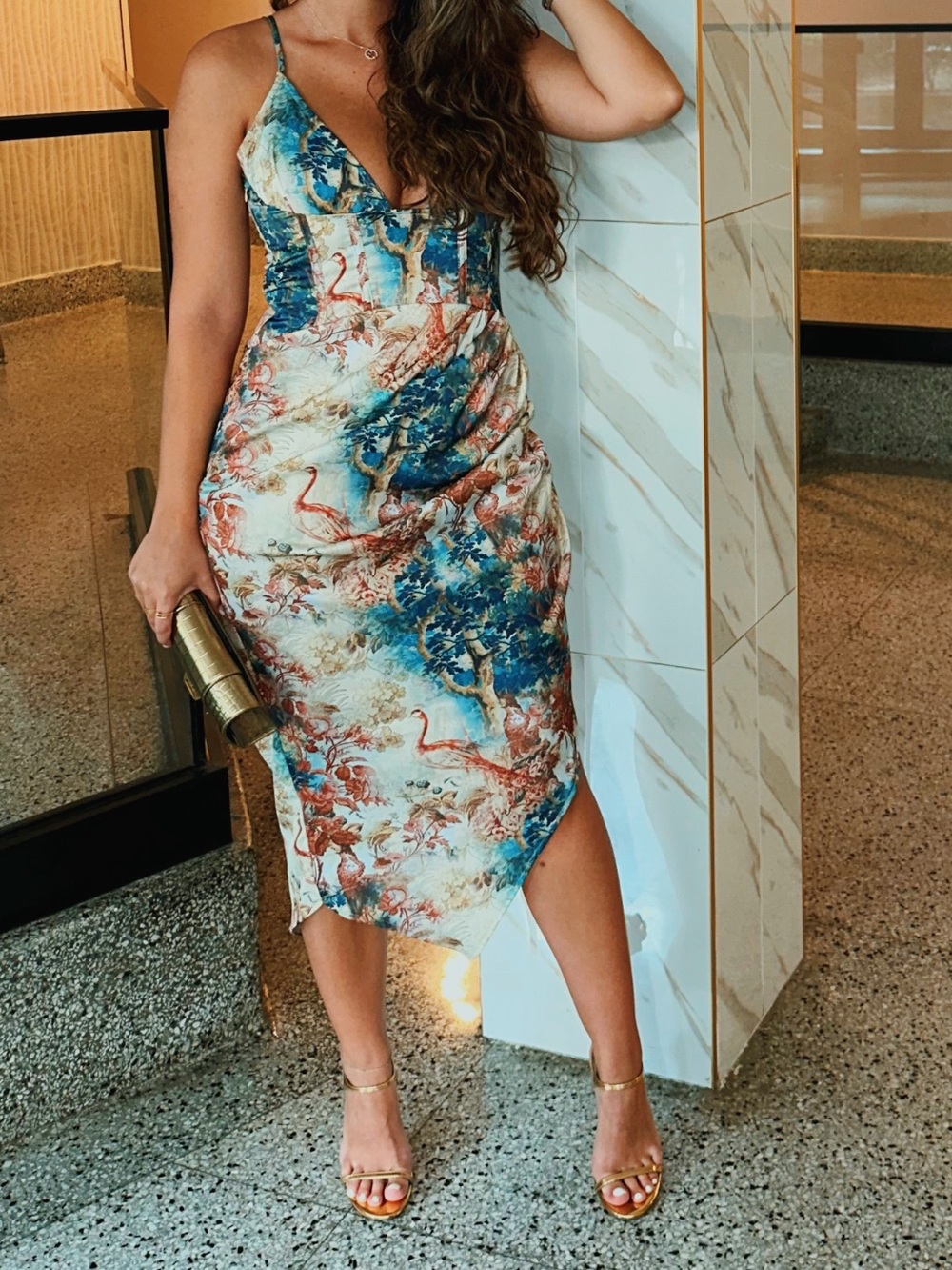 Floral Watercolor Midi Dress with Spaghetti Straps - Blue & Cream